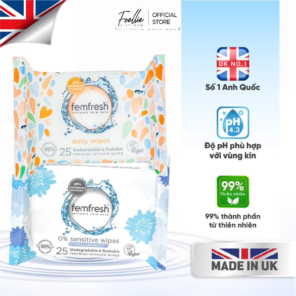 Khăn giấy ướt vệ sinh Femfresh, vệ sinh  vùng kín phụ nữ cao cấp Anh Quốc - 10, 25 tờ/gói