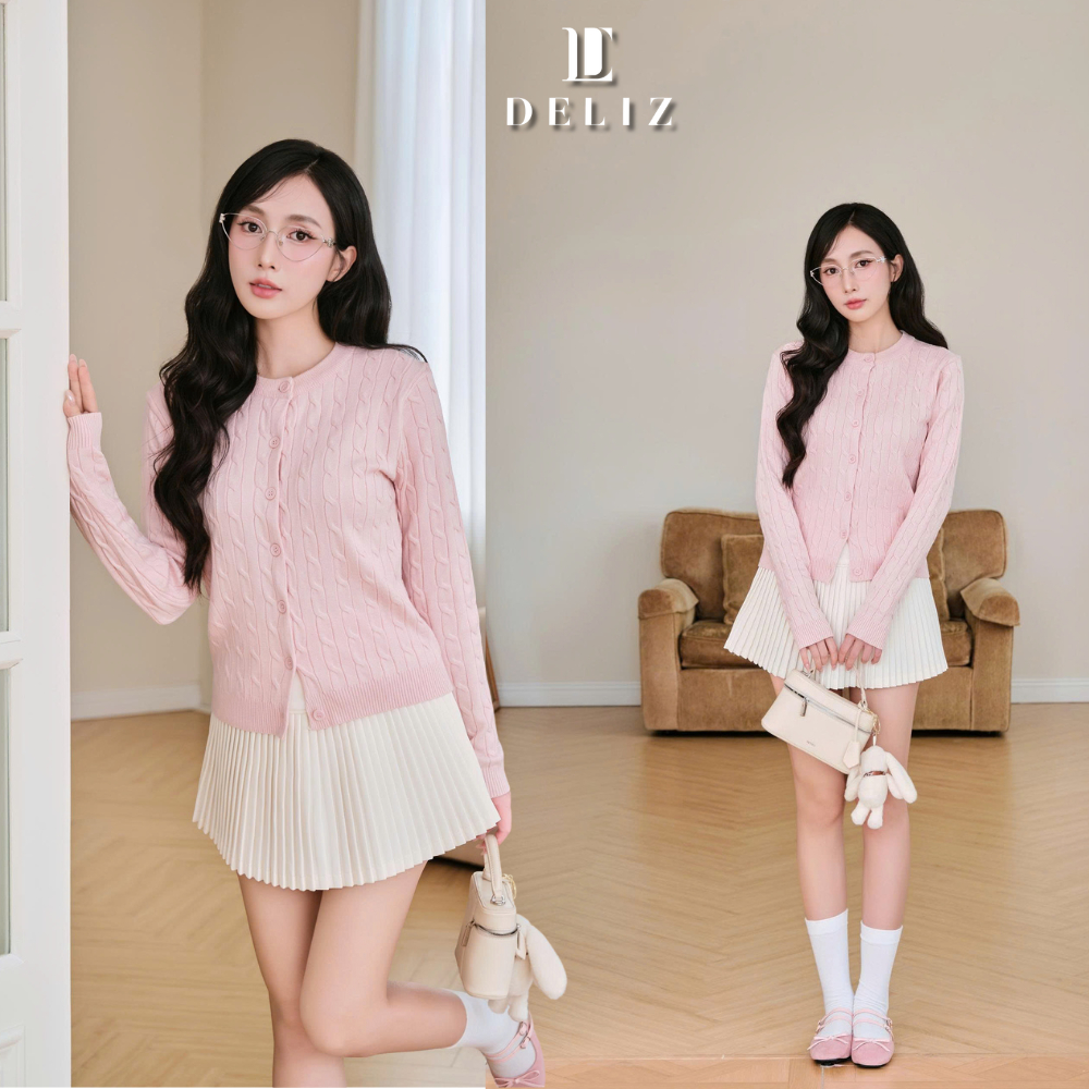 DELIZ - Áo cardigan len vặn thừng phối cúc dài tay basic thu đông len lông thỏ mềm cao cấp CD101