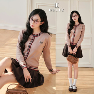  DELIZ - Áo cardigan dài tay kẻ viền thêu nơ len lông thỏ cao cấp basic cho nữ CD102 