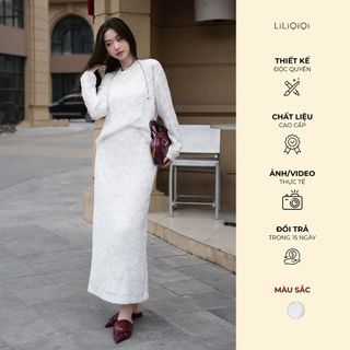  Set váy tơ hoa nổi dài tay dập nhăn mix chân váy dài sang chảnh LiLiQiQi By LeeGi  kèm quây - AV849 
