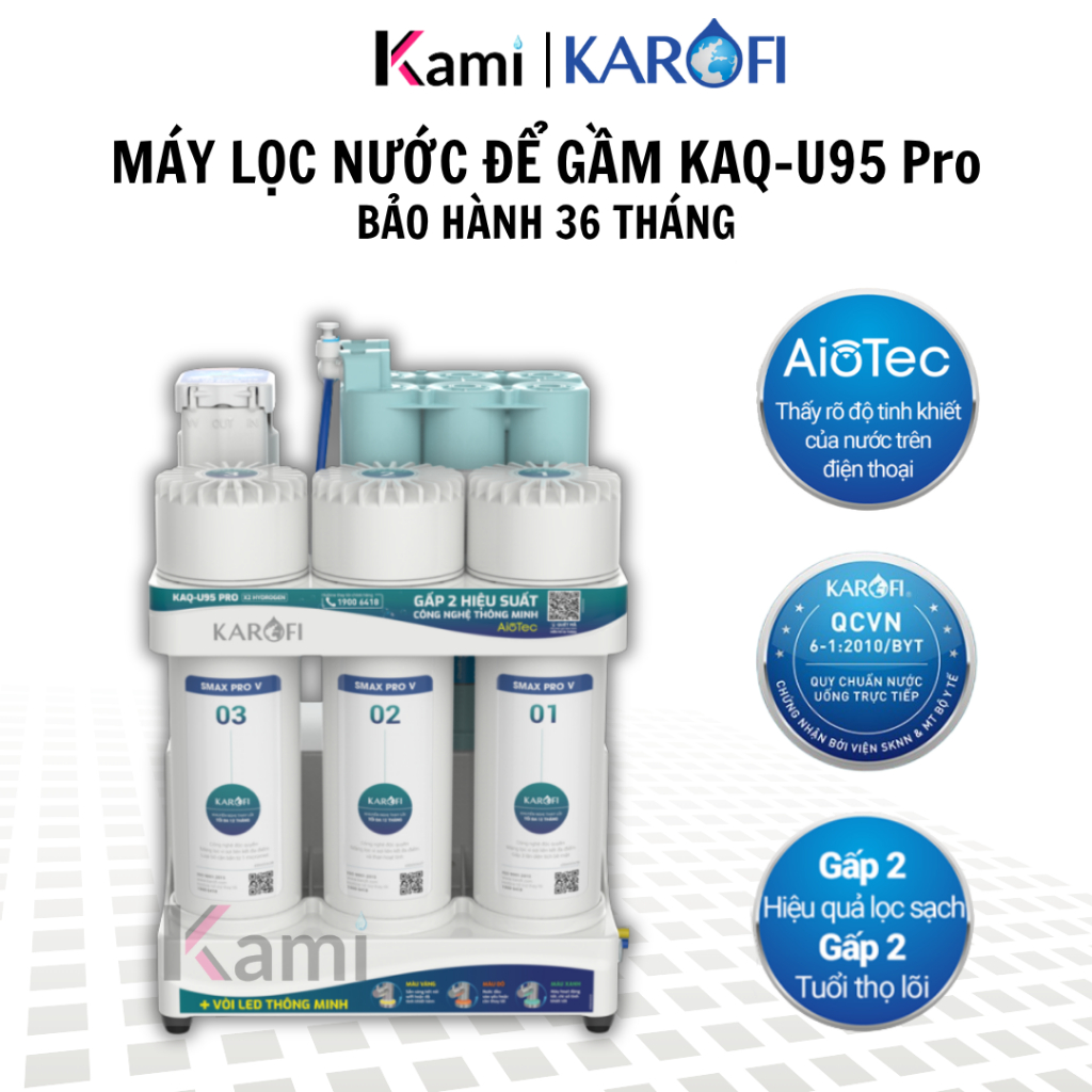 Máy Lọc Nước Để Gầm KAROFI KAQ-U95 PRO, 10 Lõi Cao Cấp, Vòi Led Điện Tử, Kết Nối Wifi, Bảo Hành Tại Nhà 3 Năm