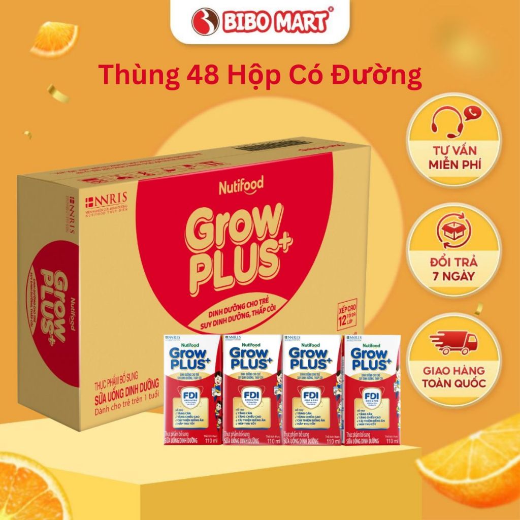 Thùng 48 Hộp Sữa Pha Sẵn GrowPLUS+ Đỏ Có Đường Hỗ Trợ Tăng Cân Cho Bé Trên 1 Tuổi 110ml - Bibo Mart
