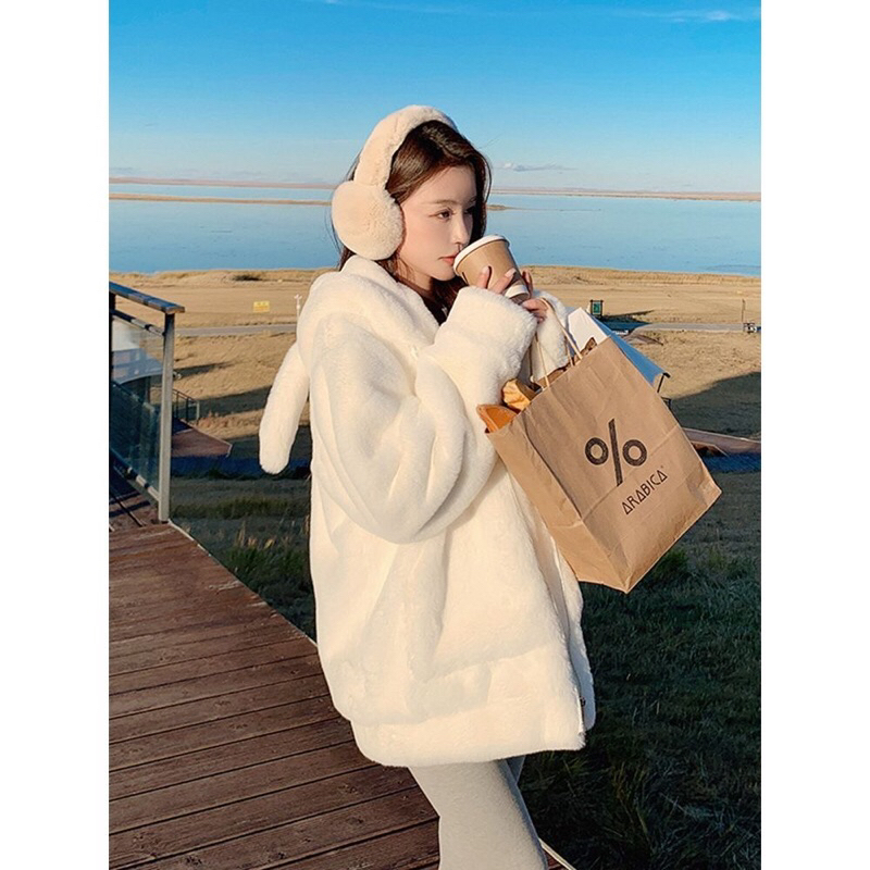 Áo Khoác Lông Thỏ Mượt  Tai Gấu 2 lớp Có Mũ Họa Tiết đẹp - Áo Lông Thỏ Có Mũ Form Rộng ấm Áp