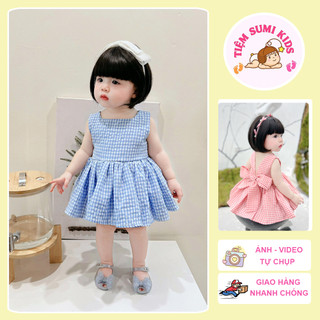  Váy Kẻ Karo Hai Màu Xanh Và Hồng Sau Lưng Thắt Nơ Kiểu Cho Bé 