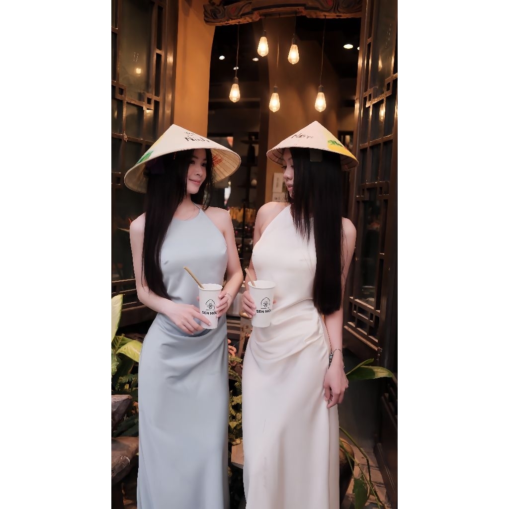 Đầm Lụa Cổ Yếm Xếp Ly Có Mút  Dáng Dài - Joyci Dress Silk Mẫu Mới 2025 | BigBuy360 - bigbuy360.vn