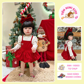 Sét Váy Yếm Nhung Đỏ Cho Bé Kèm Áo Len Lông Thỏ Diện Tết