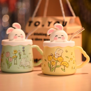  Ly Sứ Thỏ Dễ Thương Có Nắp Hình Thỏ Kèm Ống Hút – Cốc Uống Nước Cute Làm Quà Tặng Dễ Thương 