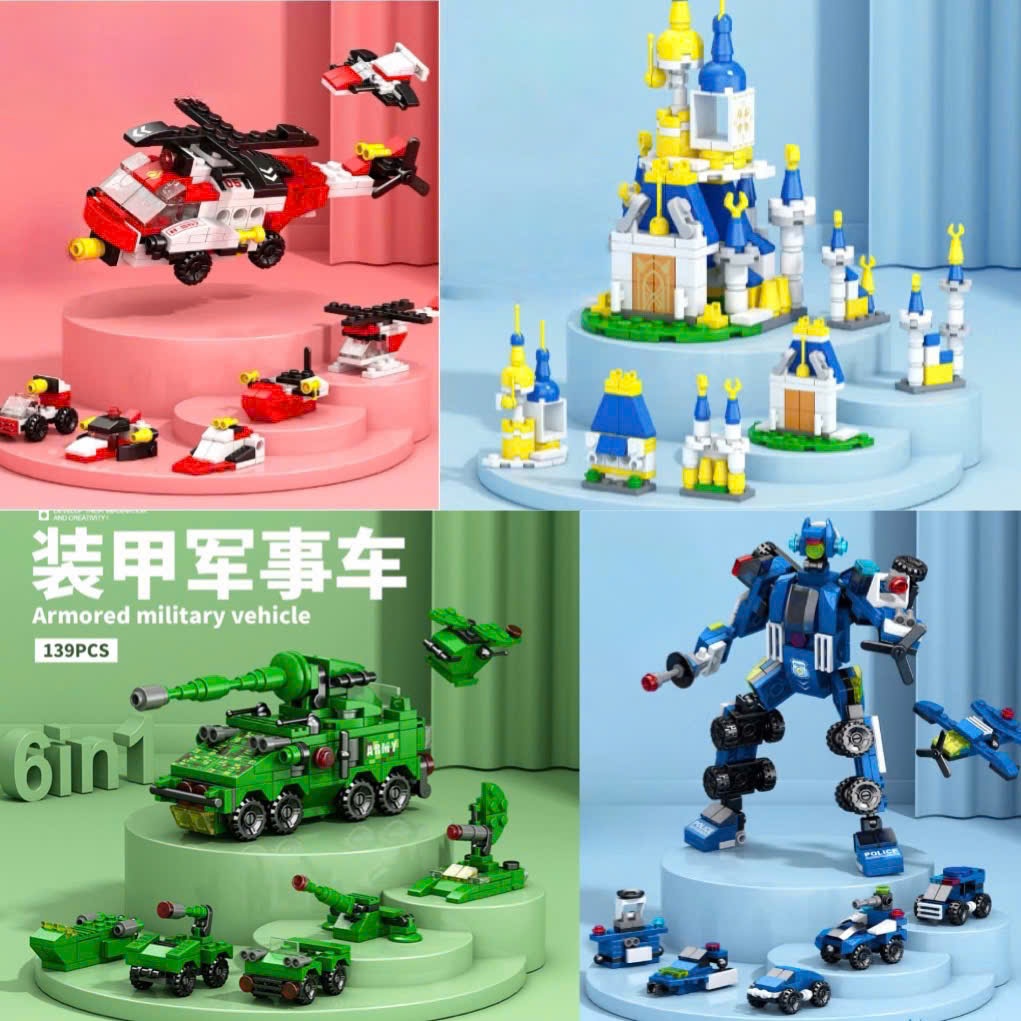 Bộ đồ chơi lắp ráp mô hình trực thăng quân sự và xe bọc thép xếp hình cho trẻ em, đồ chơi giáo dục, quà tặng sáng tạo