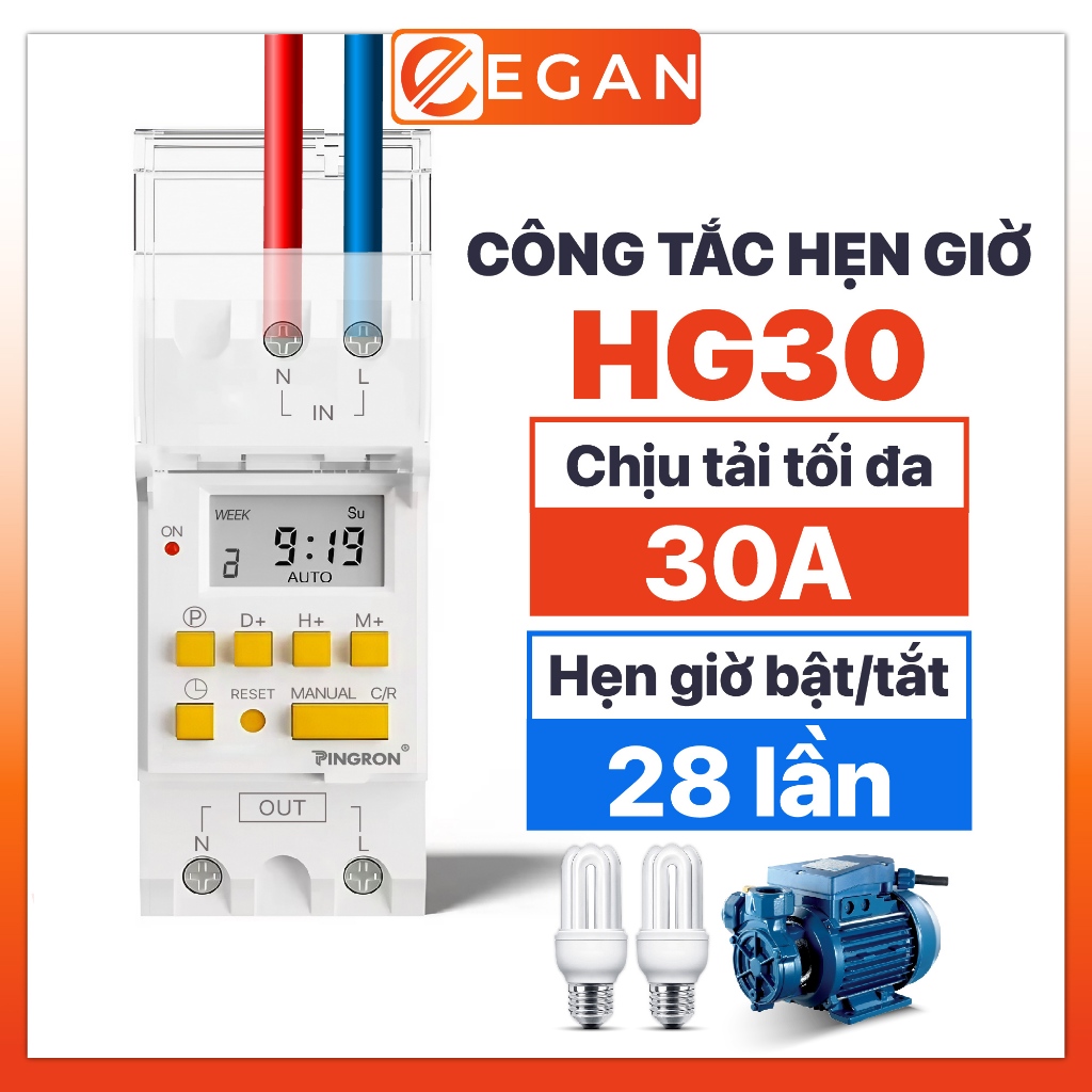 Công tắc hẹn giờ bật tắt điện 220V HG30 công suất lớn 30A, 28 chương trình và có thời gian chính xác
