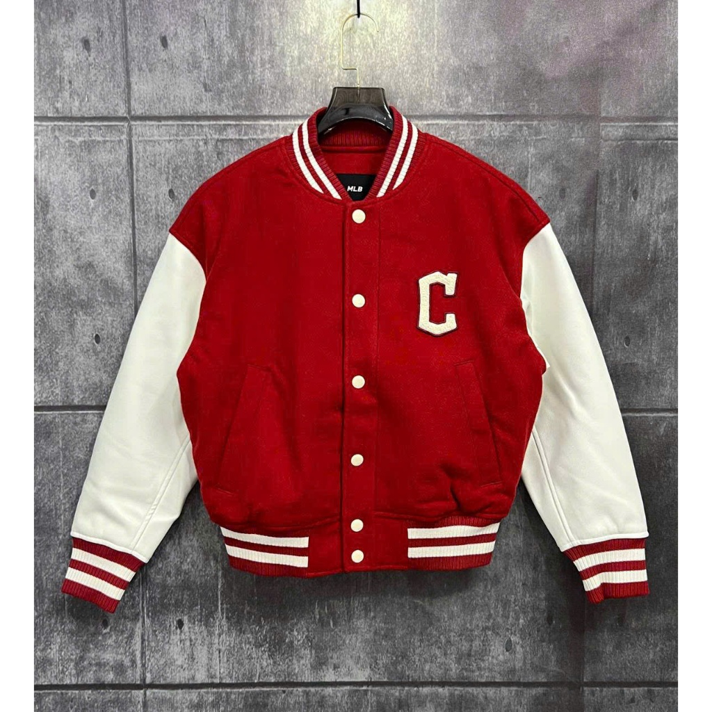 Áo Khoác Bomber MLB Wool Basic Two-tone Varsity Jacket CLE (Red) 3AJPV0634-45RDS Đỏ