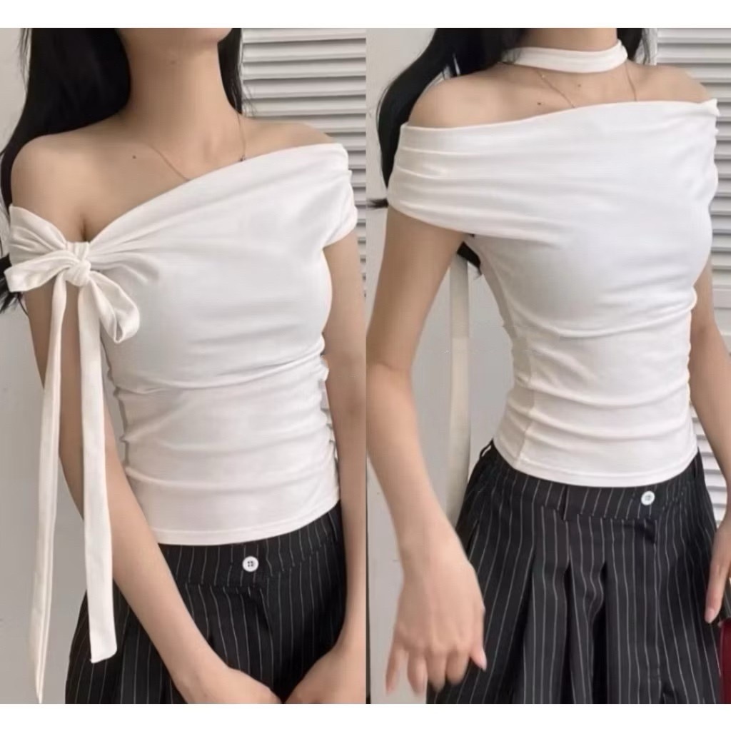 Áo Croptop Kiểu Trễ Vai Kèm Dây Thắt Nơ Xinh Xắn Sang Chảnh | BigBuy360 - bigbuy360.vn