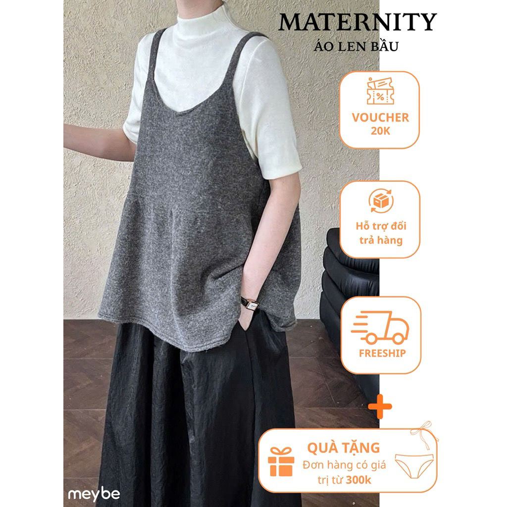 Áo len gile bầu hai dây Meybe len lông cừu, áo bầu dáng suông babydoll cho mẹ bầu - S572