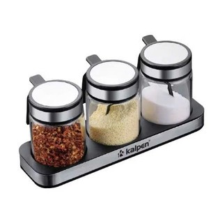 Bộ 3 lọ đựng gia vị kèm khay KALPEN SB2 thuỷ tinh borosilicate trong suốt, nắp inox có gioăng kín khít