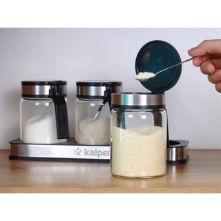 Bộ 3 lọ đựng gia vị kèm khay KALPEN SB2 thuỷ tinh borosilicate trong suốt, nắp inox có gioăng kín khít