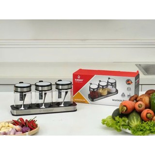 Bộ 3 lọ đựng gia vị kèm khay KALPEN SB2 thuỷ tinh borosilicate trong suốt, nắp inox có gioăng kín khít