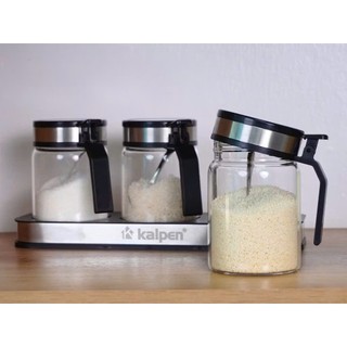 Bộ 3 lọ đựng gia vị kèm khay KALPEN SB2 thuỷ tinh borosilicate trong suốt, nắp inox có gioăng kín khít