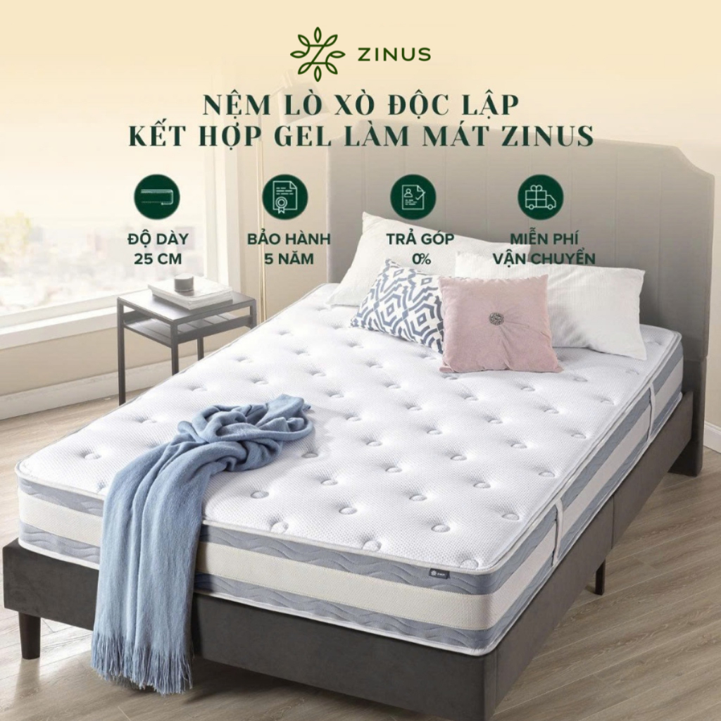 Nệm Lò Xo Cao su non Gel 25cm Zinus - 10in Gel-Infused Memory Foam Hybrid Spring Mattress