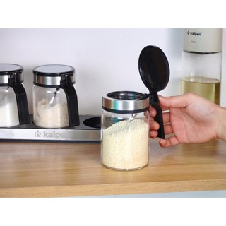 Bộ 3 lọ đựng gia vị kèm khay KALPEN SB2 thuỷ tinh borosilicate trong suốt, nắp inox có gioăng kín khít