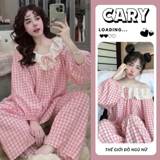  Đồ ngủ nữ pijama mặc nhà thu đông cao cấp áo dài quần dài chất vải cotton xốp mềm mịn họa tiết kẻ caro phối ren CARY 