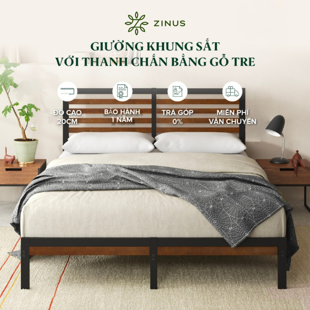 Giường Khung Sắt Với Thanh Chắn Bằng Gỗ Tre  -  Kai Bamboo and Metal Platform Bed Frame & Headboard