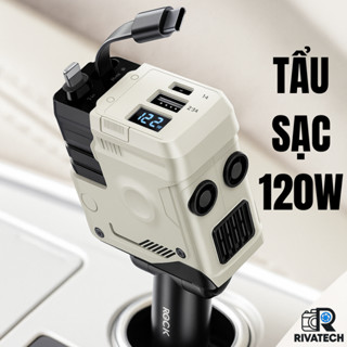 Tẩu Sạc Nhanh Điện Thoại 120W Trên Ô Tô Có Dây Rút, Cáp Sạc Type C Lightning