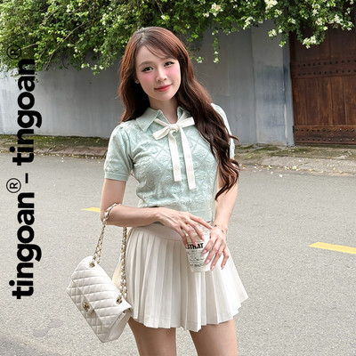 TINGOAN® - Áo len xanh mint crop bề mặt len hoạ tiết quả trám buộc nơ YURI YURI TOP/MINT