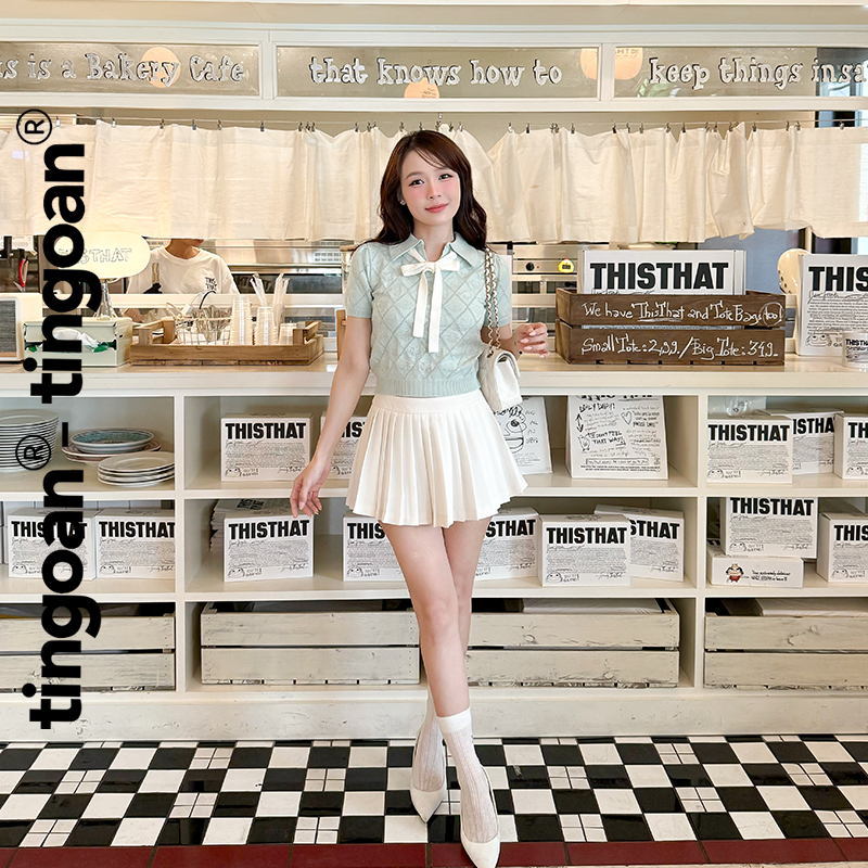 TINGOAN® - Áo len xanh mint crop bề mặt len hoạ tiết quả trám buộc nơ YURI YURI TOP/MINT | BigBuy360 - bigbuy360.vn