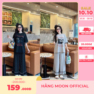 Set Đồ Nữ BigSize, Set Bộ TĂM LẠNH From Dáng Rộng In MÈO ĐEN CHỮ ĐỎ Quần SUÔNG Họa Tiết CHẤM BI Phối Chân Bèo Siêu Đẹp