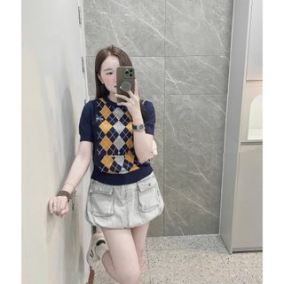 Áo len họa tiết trám than vàng cộc tay co giãn