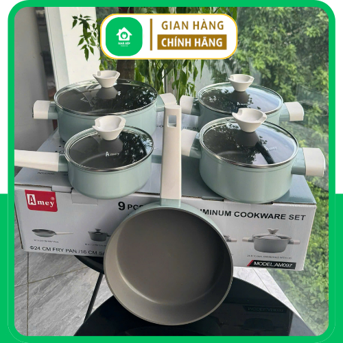 Bộ nồi inox Amey, bộ nồi Đức 9 đáy 5 món cao cấp chất liệu dày dặn chống gỉ phù hợp mọi loại bếp - Nhà Bếp Thiên Hà