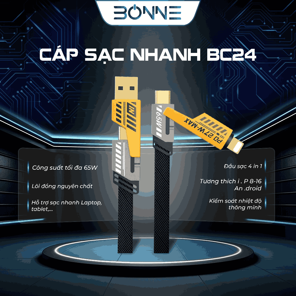 Cáp sạc nhanh BC24 điện thoại 4 in 1 by Bonne TECHNOLOGIQUE, 65W sạc chống gẫy chính hãng bảo hành 12 tháng | BigBuy360 - bigbuy360.vn