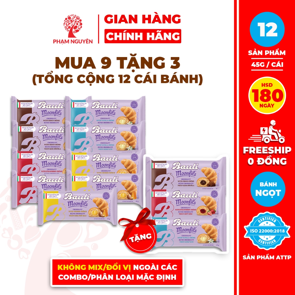 [DATE 13/11][MUA 9 TẶNG 3] Tổng cộng 12 Bánh Sừng Bò Bauli Moonfils 45g | Bánh ăn sáng tiện lợi | Đồ ăn vặt