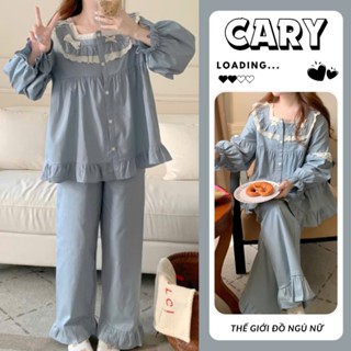 Đồ ngủ nữ pijama mặc nhà cho nữ set bộ đồ ngủ thu đông bộ ngủ dài tay chất đũi gân phối ren mềm cổ vuông đính nơ CARY