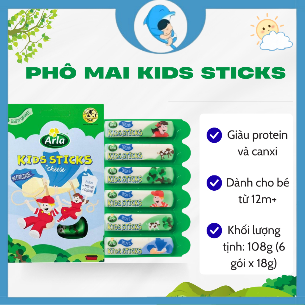 Phô mai que Arla Kids Sticks vị thơm ngon Hộp 6 gói (18g) cung cấp protein, canxi cho trẻ em SHOPBEBAO