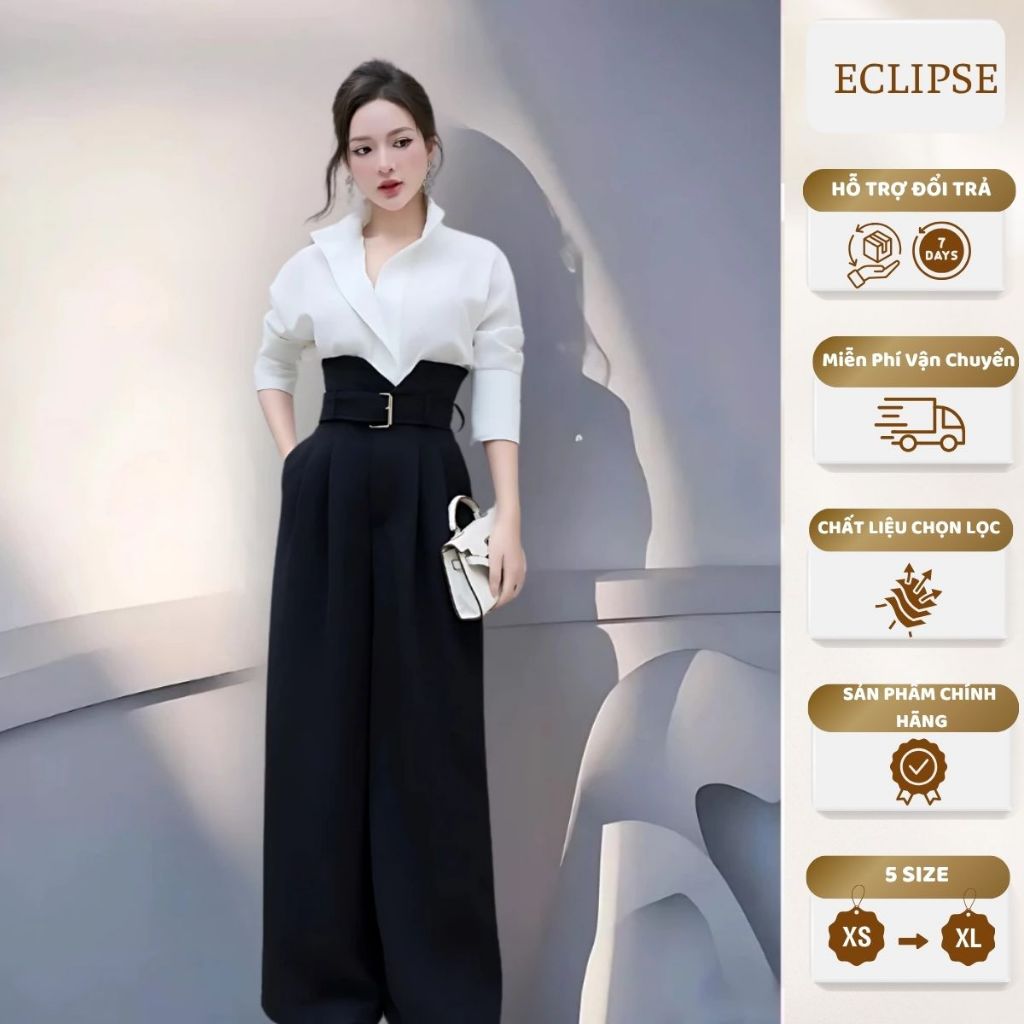Set Áo Sơ Mi Nữ Cổ Đứng Tay Lửng + Quần Cạp Đai Khuy Vàng Louisa Eclipse Clothing