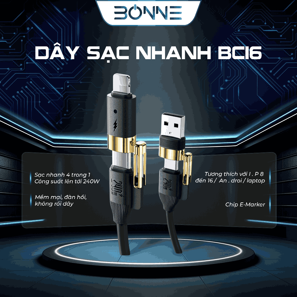 Dây Sạc Nhanh BC16 4in1 Công Suất 240W By Bonne TECHLONOGIQUE Chống Rối Sạc Điện Thoại & Máy Tính Bảo Hành 12 Tháng | BigBuy360 - bigbuy360.vn