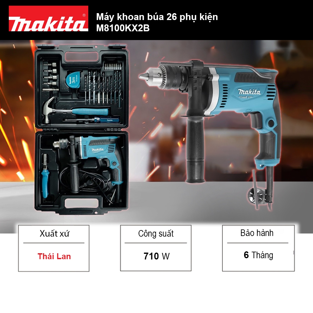 710W Bộ Máy Khoan Búa 26 Phụ Kiện Makita M8100KX2B - Xuất xứ Thái Lan | Makita official Store