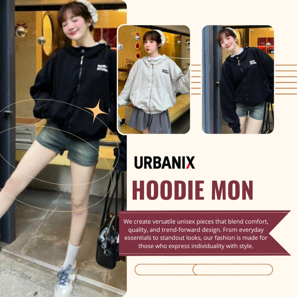 Áo Hoodie Mon Studio – Hoodie Nỉ ZIP BOXY Tay Dơi Có Nút Bấm Form Rộng Unisex Nam Nữ