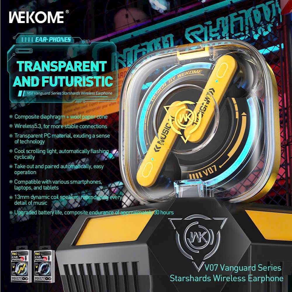 Tai nghe Bluetooth WEKOME V07, tai nghe chơi game thiết kế trong suốt âm thanh sống động