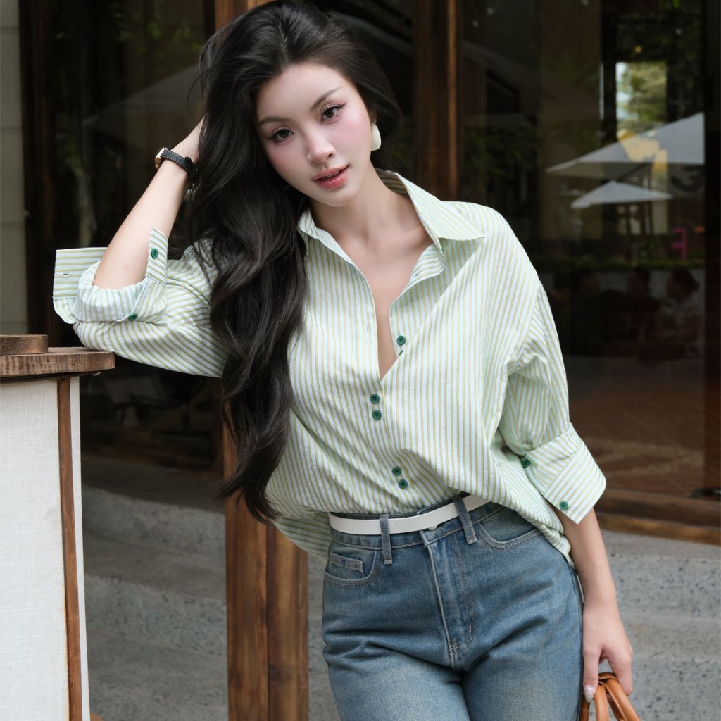 Áo sơ mi sọc nữ GILLEE dáng dài (NHIỀU MÀU) cúc đôi nổi bật vải cotton cao cấp thoáng khí mịn như lụa FAS382 | BigBuy360 - bigbuy360.vn