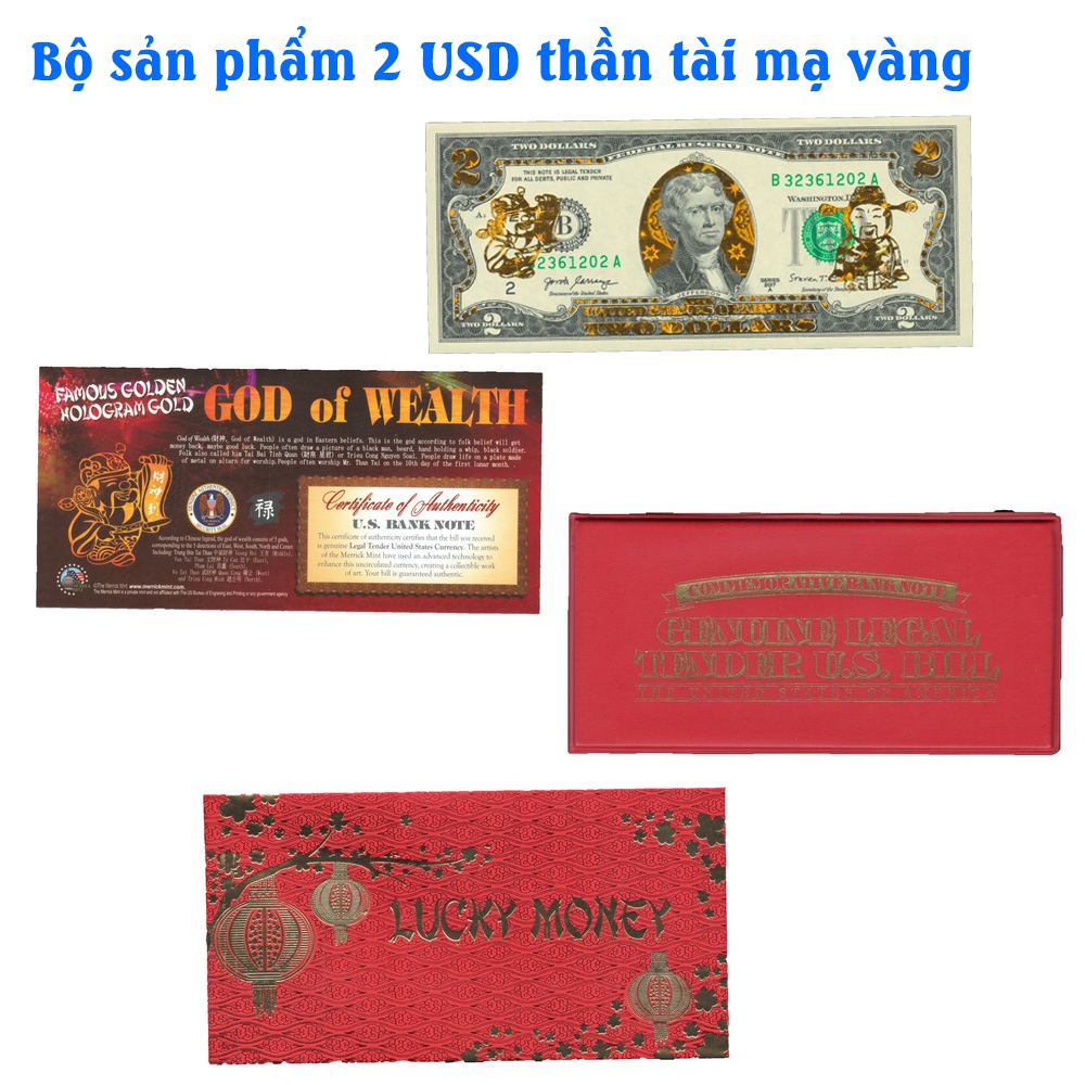 Tờ 2 USD 2 Đô Hình Thần Tài Vàng may mắn + bao da đỏ - Ngày Vía Thần Tài Mùng 10