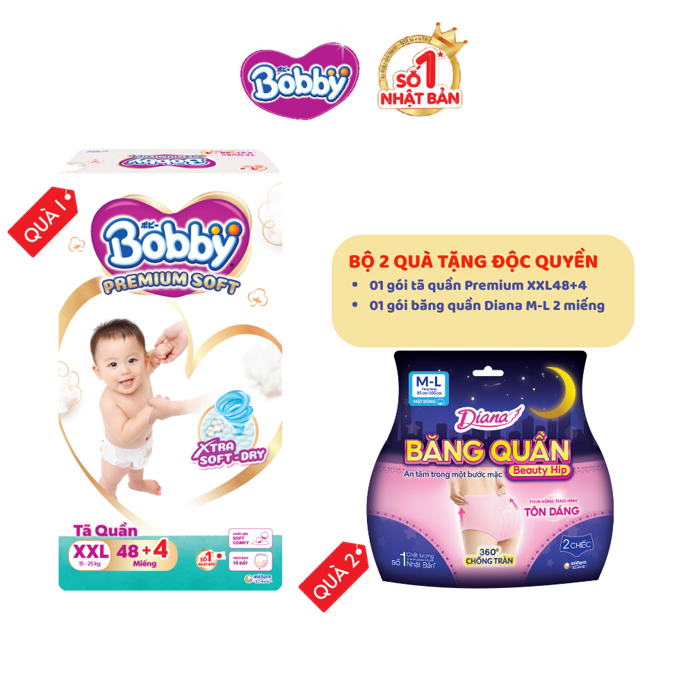 [MKB Gift] Combo 02 quà : 01 gói tã quần Bobby Premium XXL48+4 & 01 gói băng quần Diana ML 2 miếng