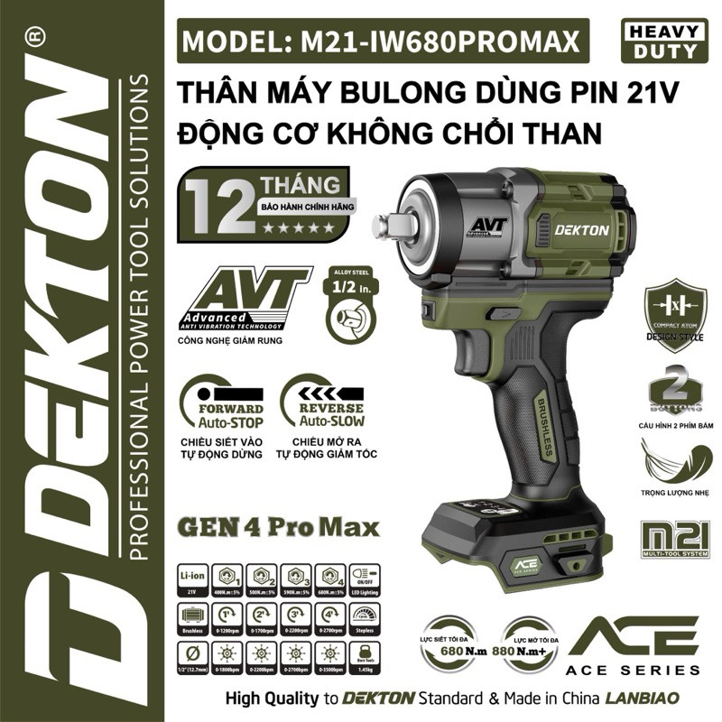 Máy Siết Bulong DEKTON680Nm (M21-IW680PROMAX) - Vặn Mở Siết Bulong Ô Tô - Búa Khỏe- Chính hãng.