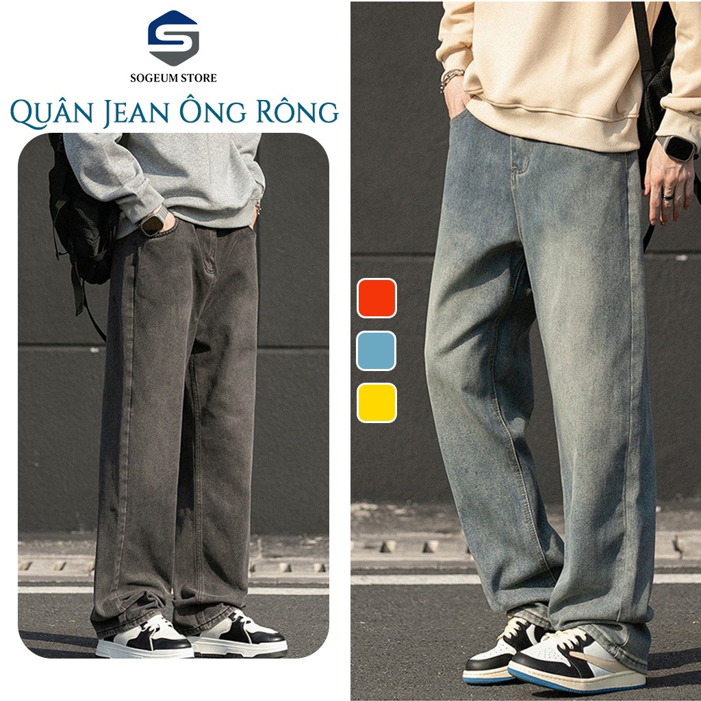 Quần Bò Jean baggy nam Xanh Đen RETRO ống rộng xuông cạp cao Quần bò nam dáng suông xu hướng Sogeum