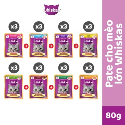 Thức Ăn Dạng Sốt Cho Mèo Trưởng Thành WHISKAS Mix 8 Vị - 80g (24 Túi)