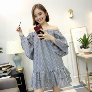  Đầm trễ vai sọc đen bèo lai váy babydoll suông xuongvnxk  kèm hình thật  
