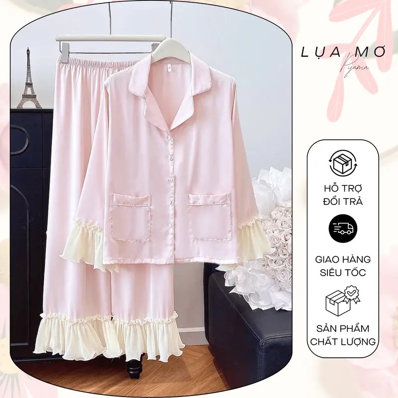 Set Bộ Pijama Cao Cấp Tay Dài Phối Bèo Dập Ly Màu Trơn Vải Lụa Latin (Qccc) - Đồ Bộ Lụa Mơ LMQC02