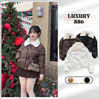 Áo Khoác Phao Nữ Dáng Ngắn Cổ Lông Có Dây Rút Áo Phao Croptop Nữ 3 Lớp Siêu Ấm