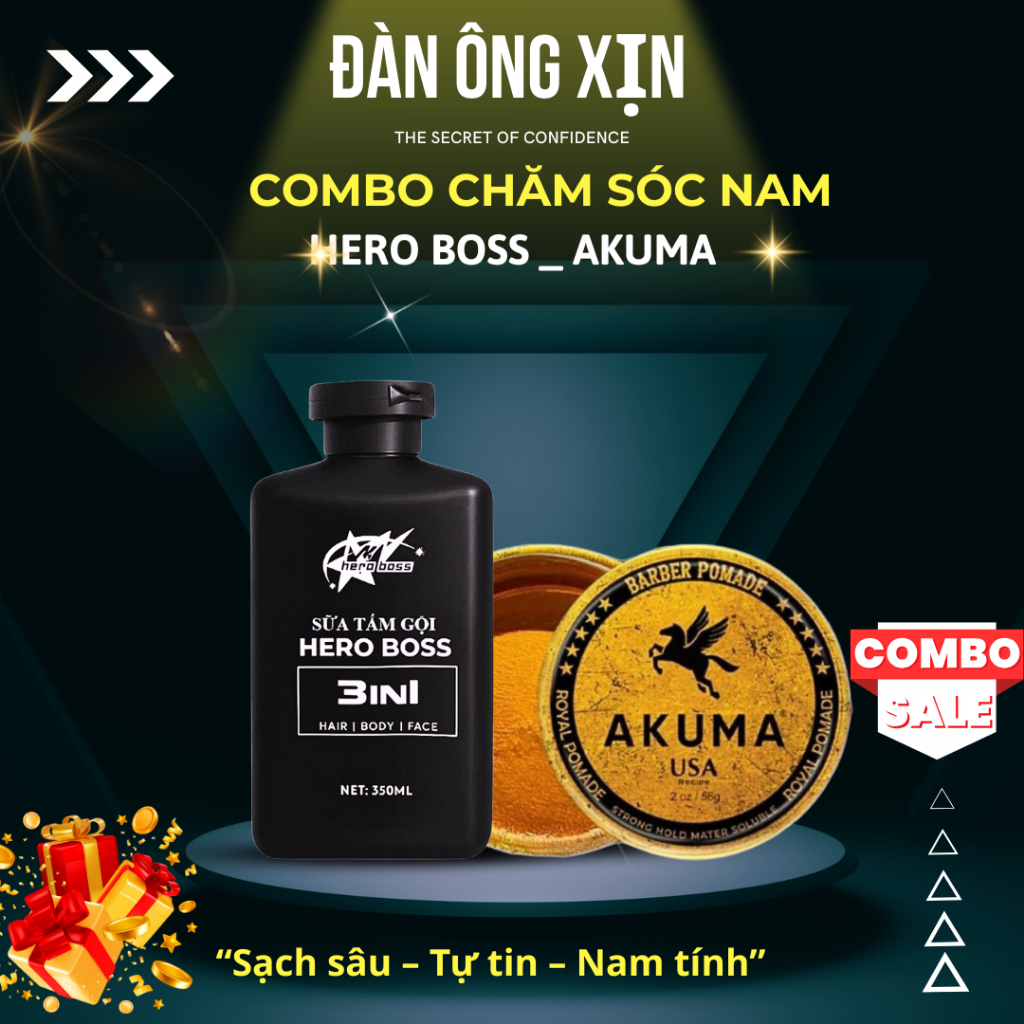 Combo Nam HERO BOSS – Sữa Rửa Mặt 350ml + Sáp Vuốt Tóc Royal Pomade 56g | Đàn Ông Xịn.Store ✅