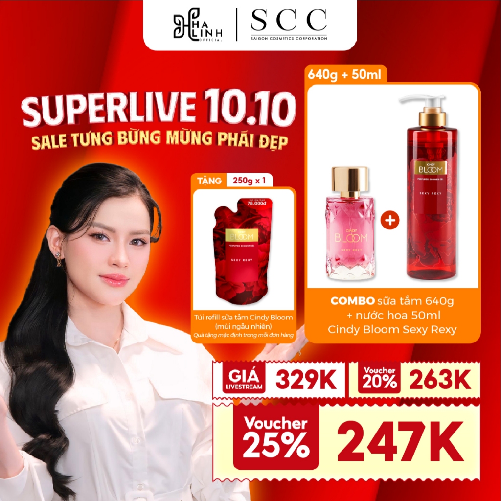   Võ Hà Linh x Cindy Bloom  COMBO 1 Sữa tắm 640g + 1 Nước hoa 50ml Sexy Rexy Cindy Bloom Tặng Túi ST 250g ngẫu nhiên 